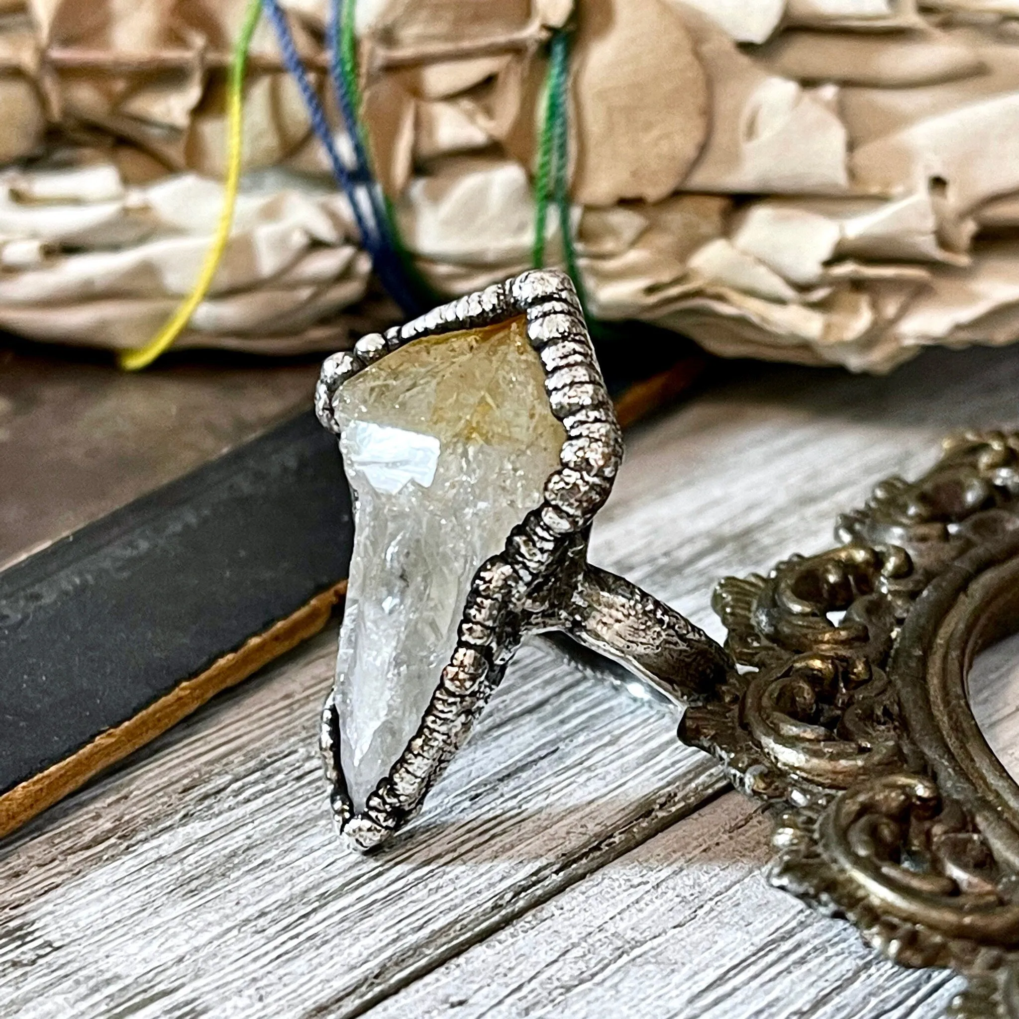 Size 8 Raw Citrine Point Ring Set in Fine Silver  /  Yellow Crystal  Jewelry