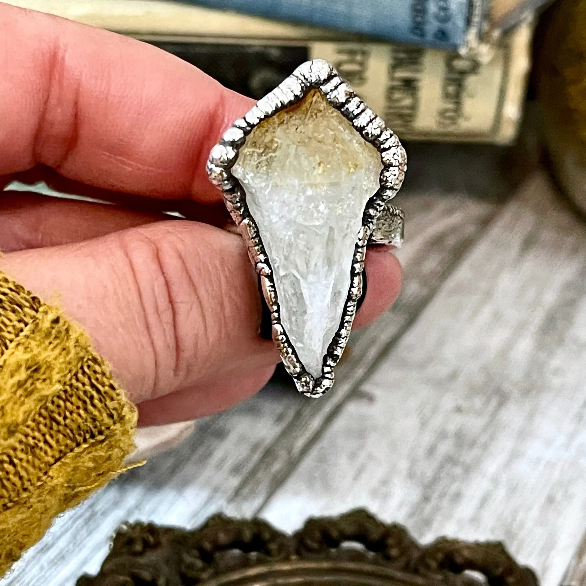 Size 8 Raw Citrine Point Ring Set in Fine Silver  /  Yellow Crystal  Jewelry