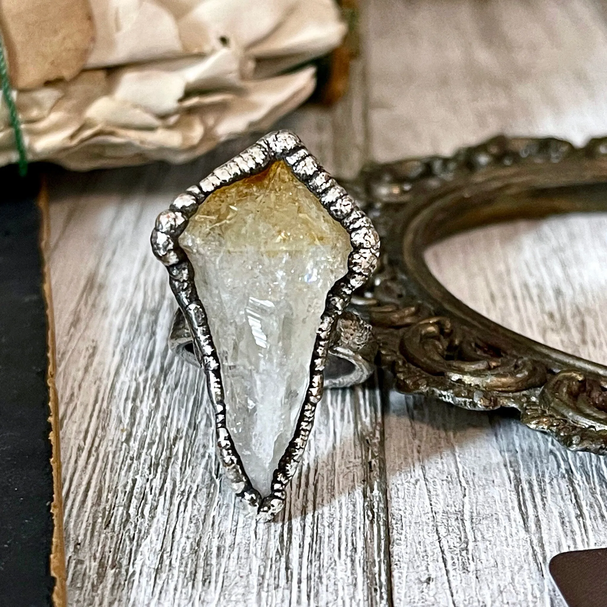 Size 8 Raw Citrine Point Ring Set in Fine Silver  /  Yellow Crystal  Jewelry