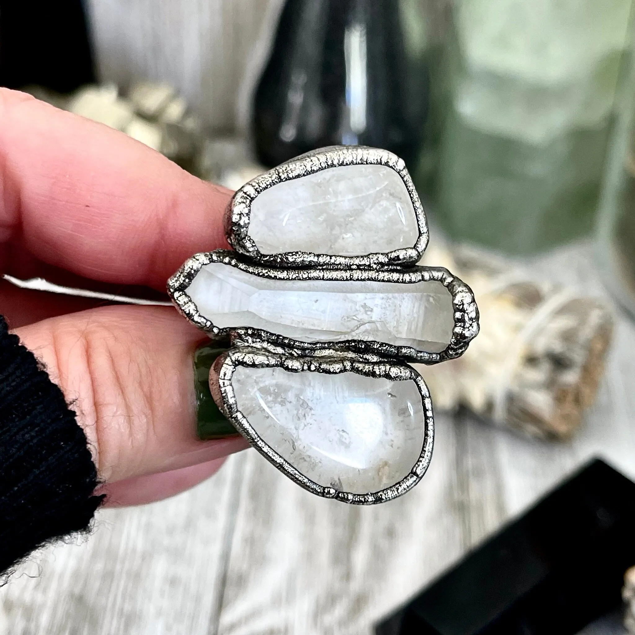 Size 8.5 Crystal Ring - Three Stone Clear Quartz Ring in Silver / Foxlark Collection - One of a Kind