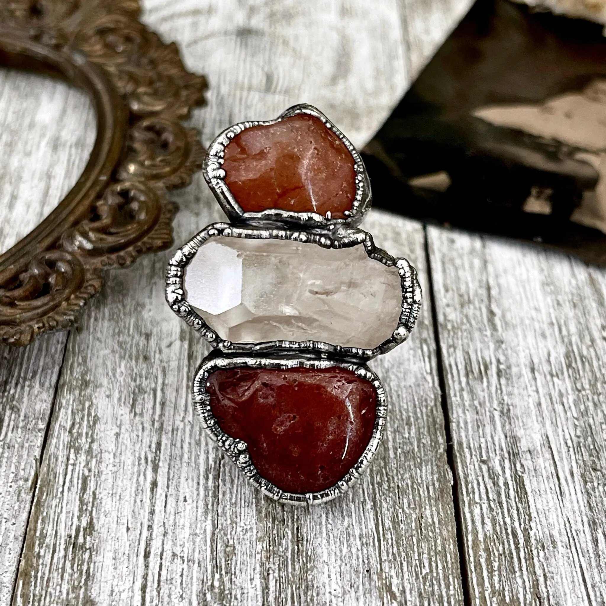 Size 8.5 Crystal Ring - Three Stone Ring Red Carnelian Clear Quartz Silver Ring / Foxlark Collection - One of a Kind