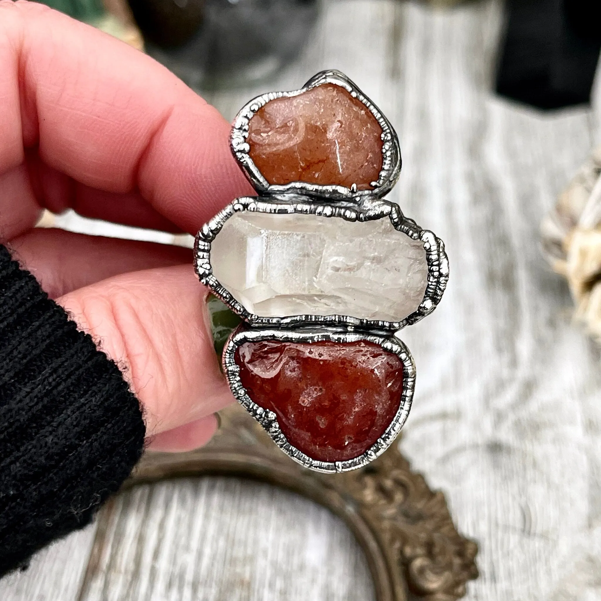 Size 8.5 Crystal Ring - Three Stone Ring Red Carnelian Clear Quartz Silver Ring / Foxlark Collection - One of a Kind