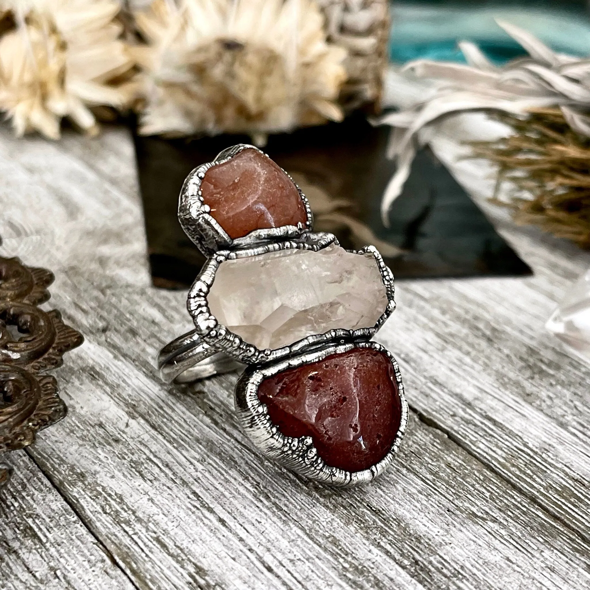 Size 8.5 Crystal Ring - Three Stone Ring Red Carnelian Clear Quartz Silver Ring / Foxlark Collection - One of a Kind