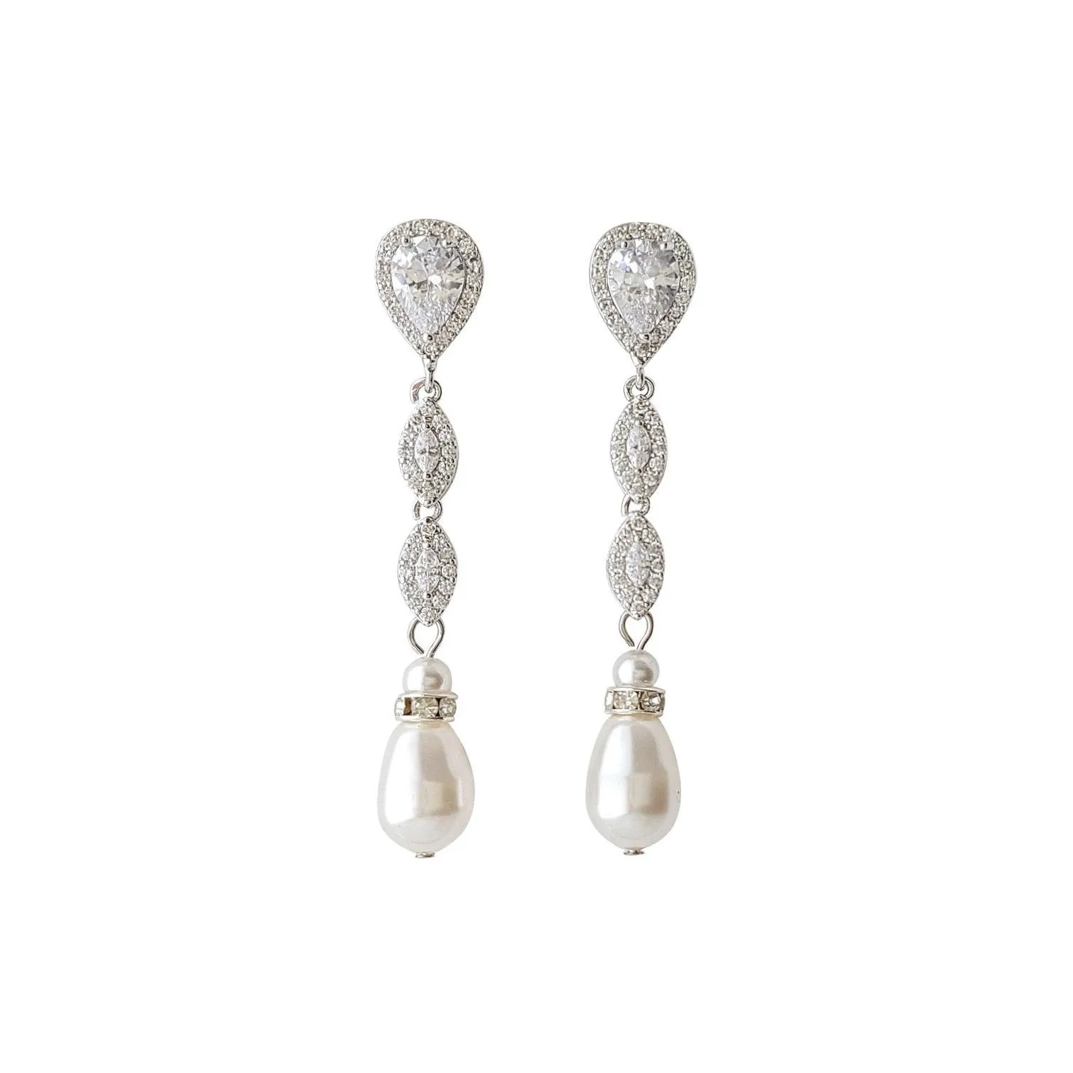 Slim Long Silver Pearl Earrings-Abby