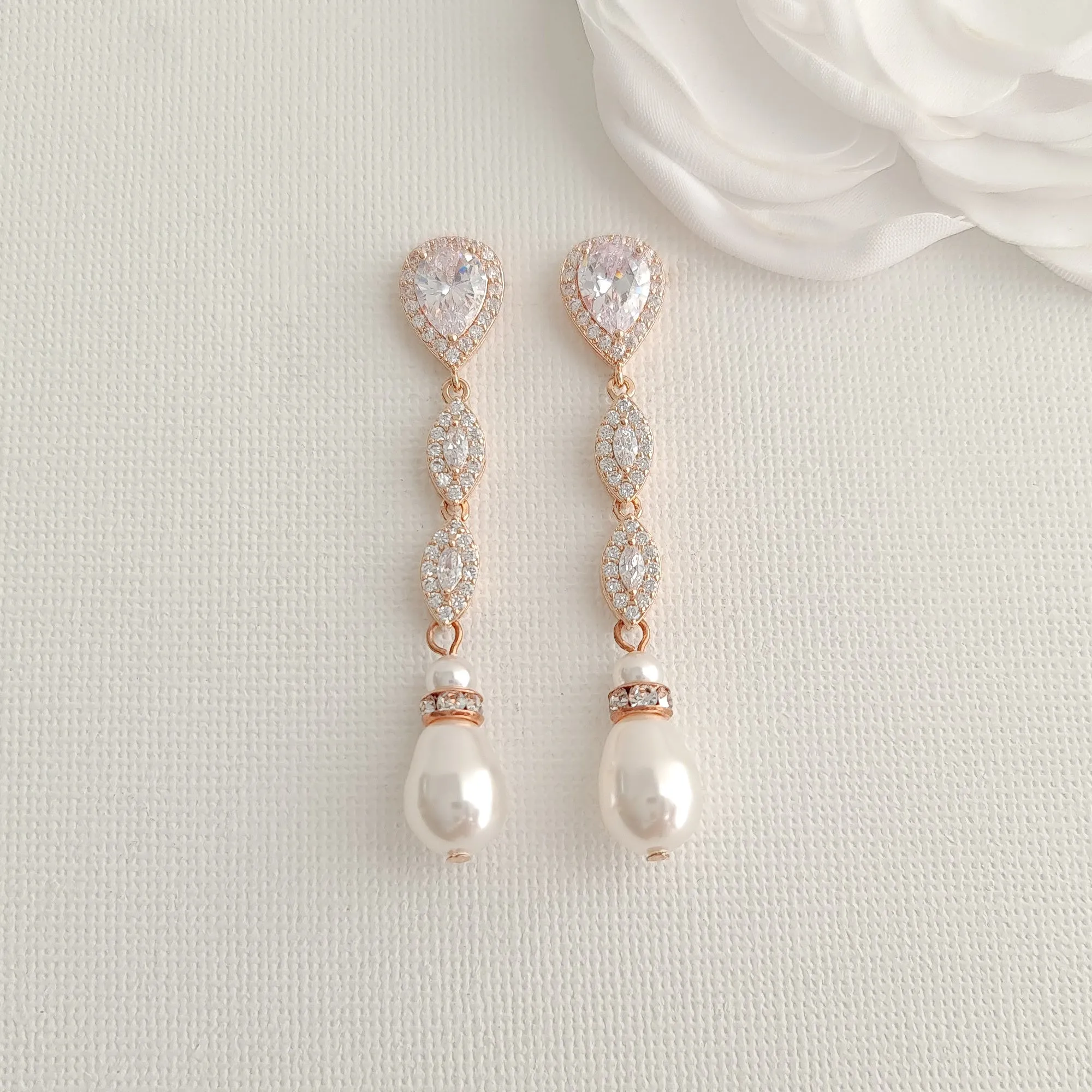 Slim Long Silver Pearl Earrings-Abby