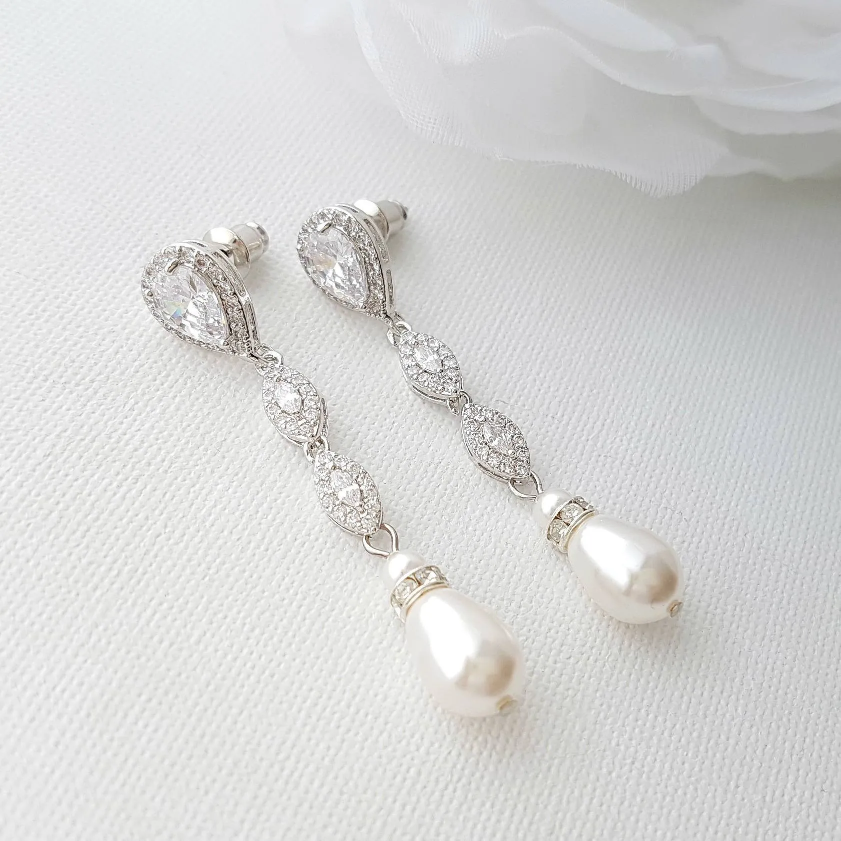 Slim Long Silver Pearl Earrings-Abby