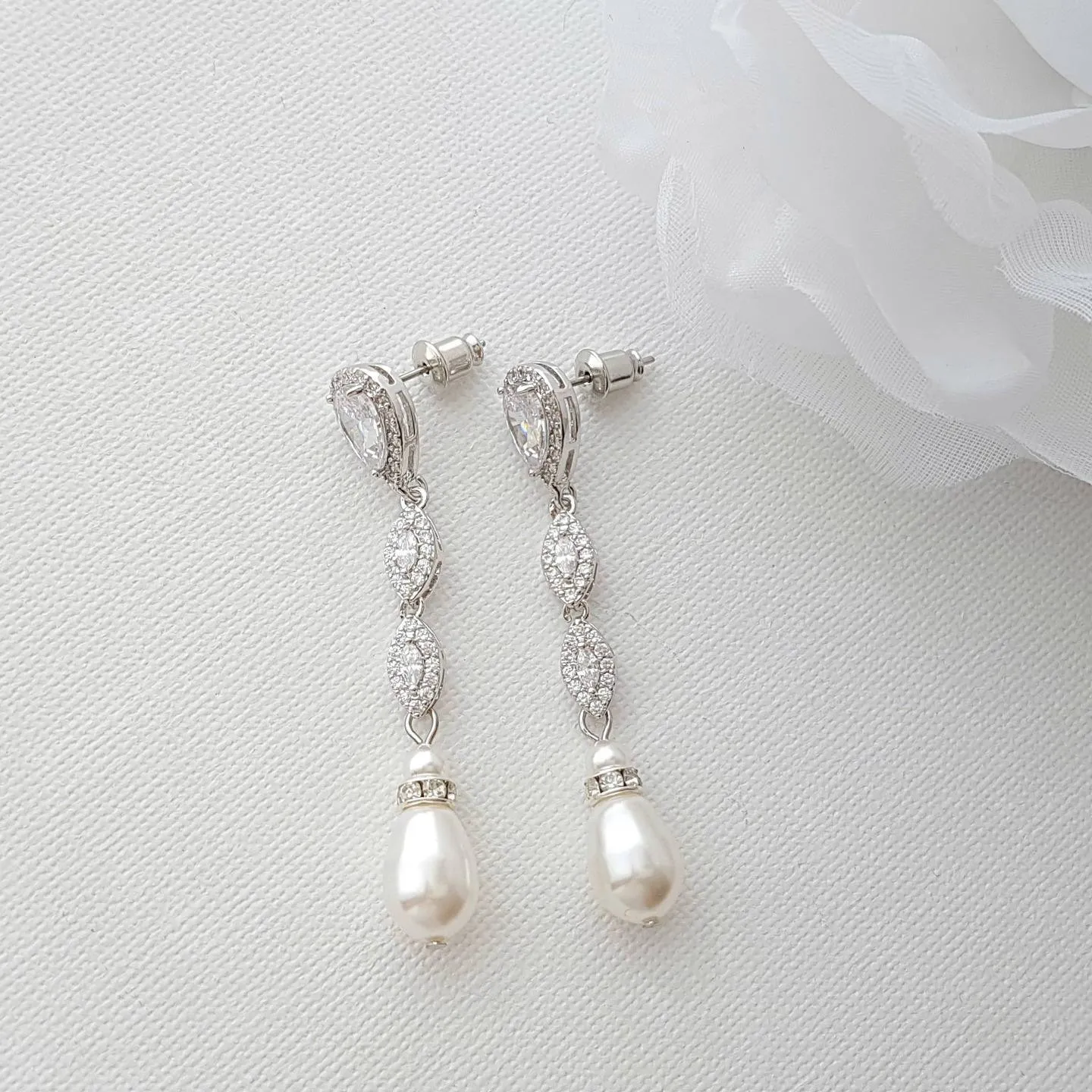 Slim Long Silver Pearl Earrings-Abby