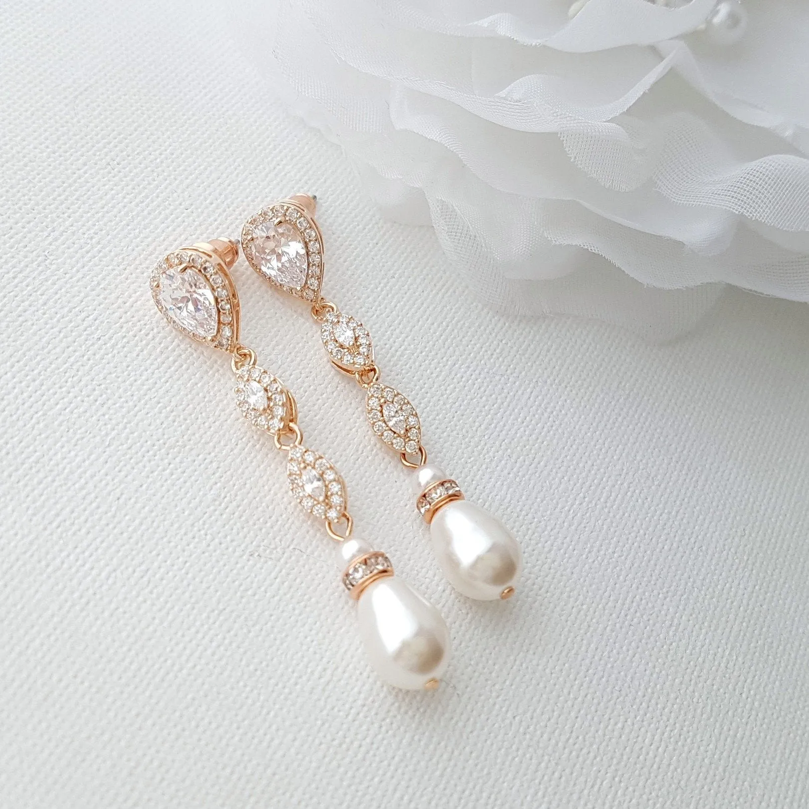 Slim Long Silver Pearl Earrings-Abby