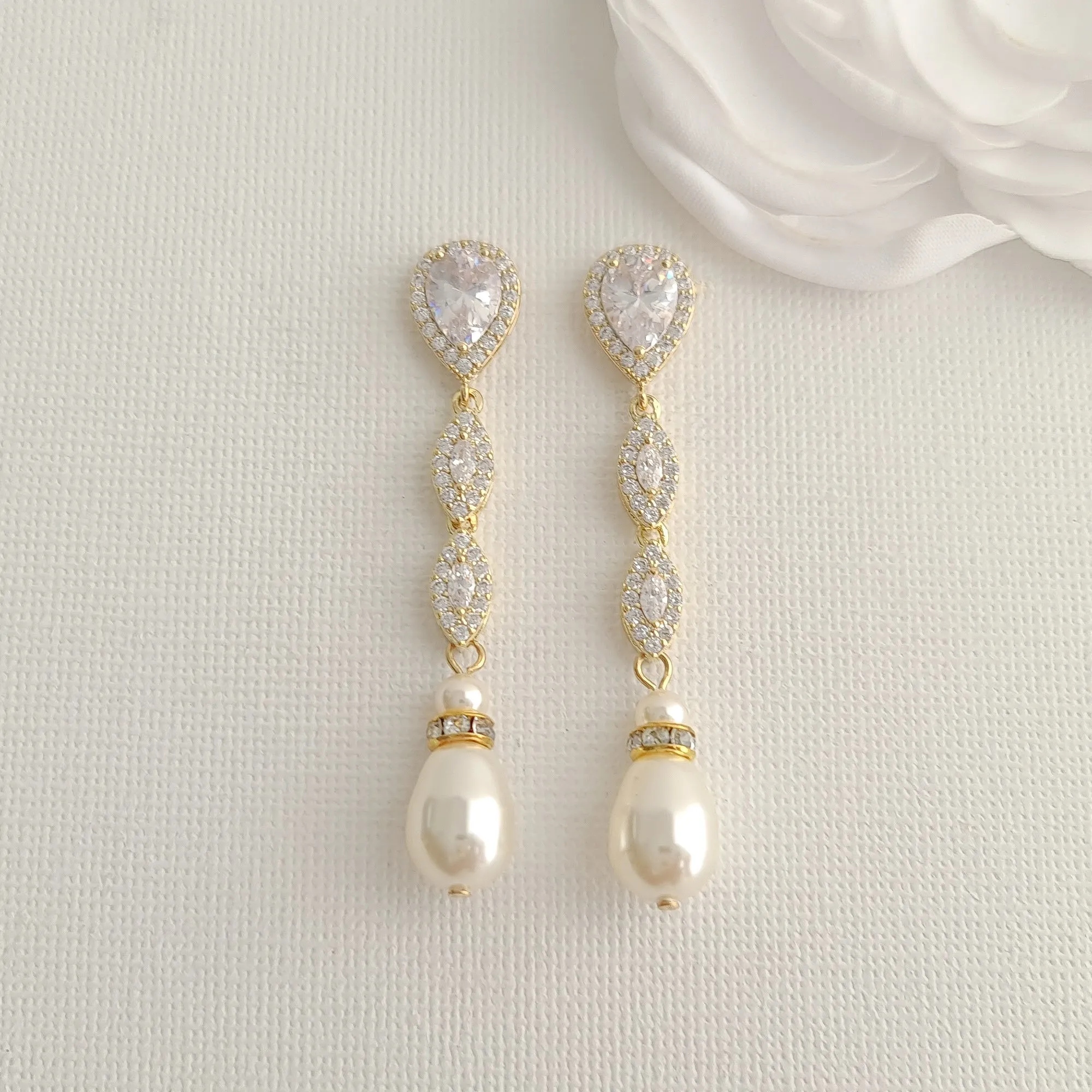 Slim Long Silver Pearl Earrings-Abby