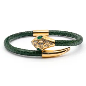 Snake Head Bracelet - Green Leather with Zircon Diamond