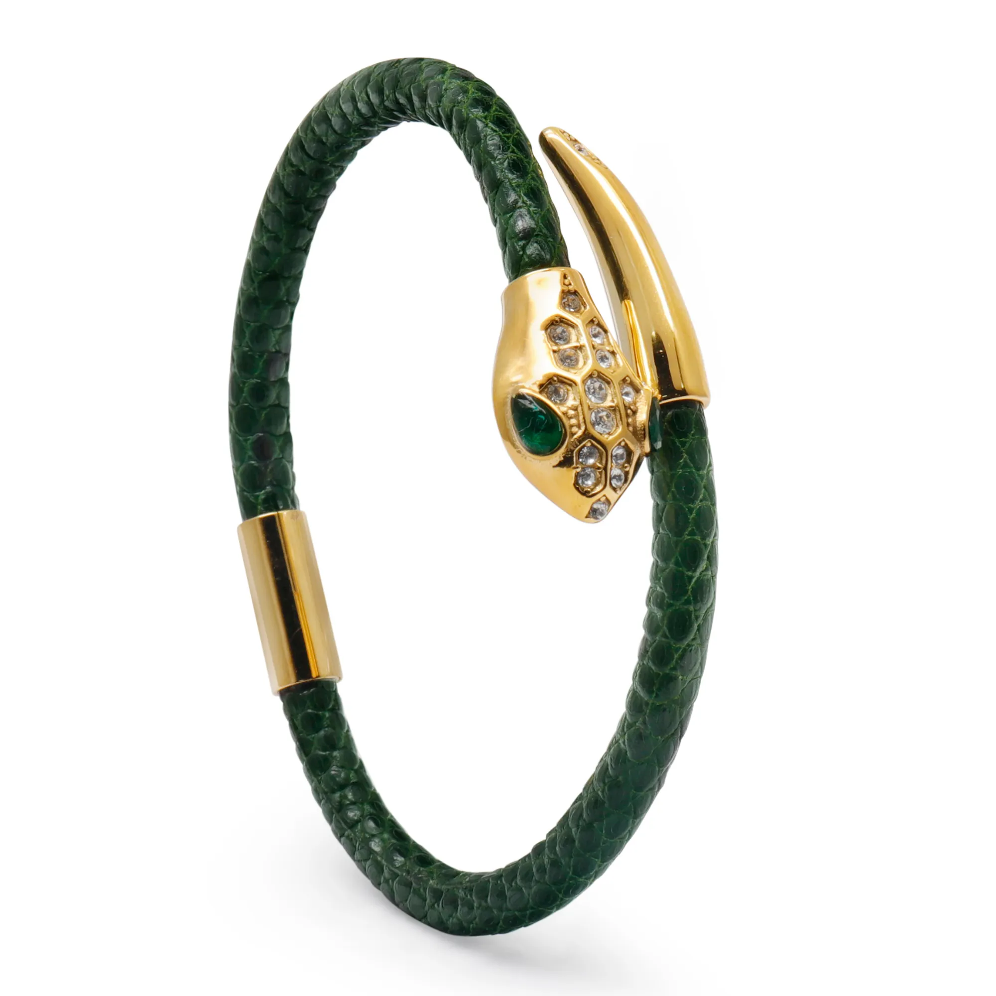 Snake Head Bracelet - Green Leather with Zircon Diamond