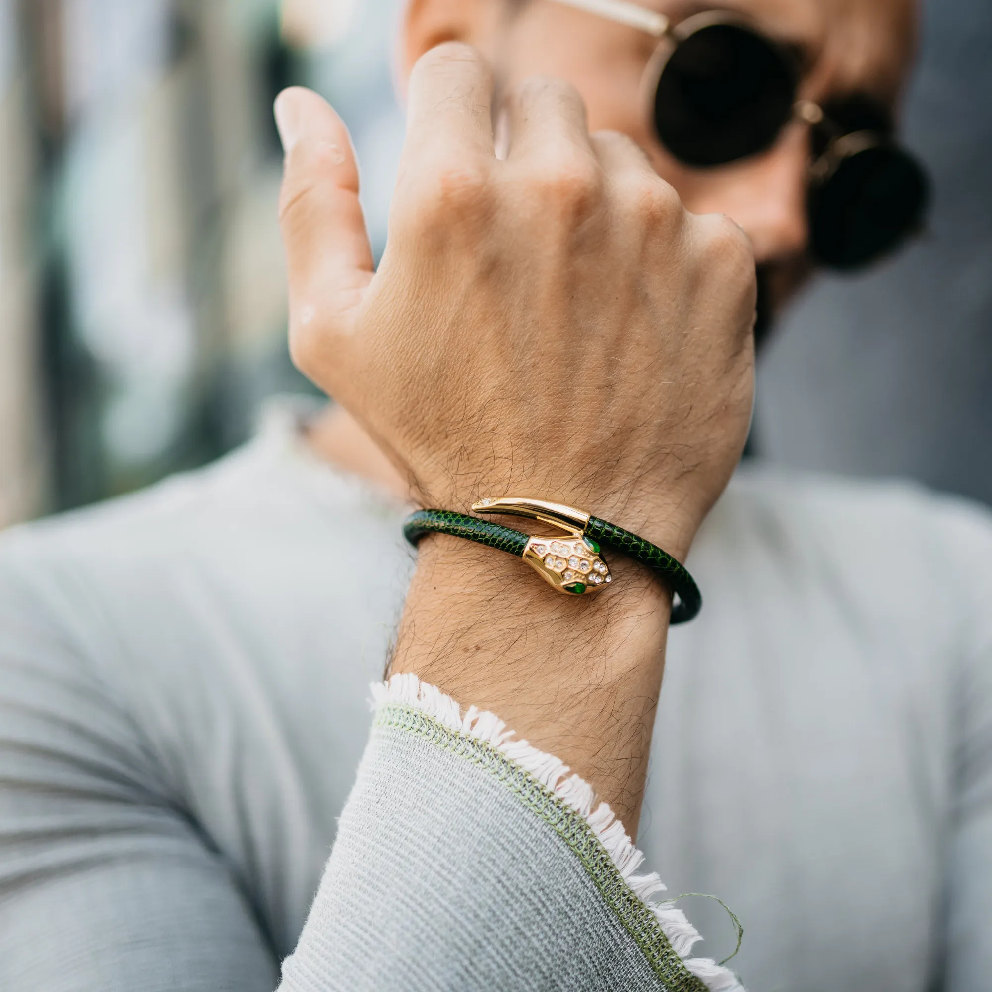 Snake Head Bracelet - Green Leather with Zircon Diamond