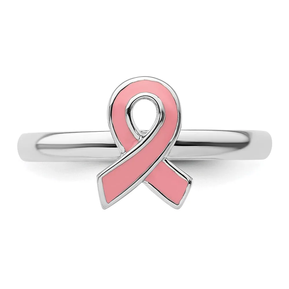 Stackable Expressions Pink Enameled Awareness Ribbon Ring in Sterling Silver