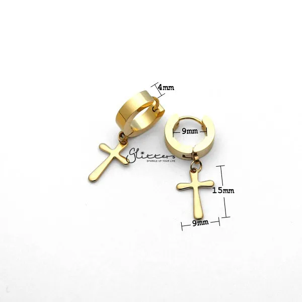 Stainless Steel Cross Drop Huggie Hoop Earrings - Gold