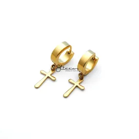 Stainless Steel Cross Drop Huggie Hoop Earrings - Gold