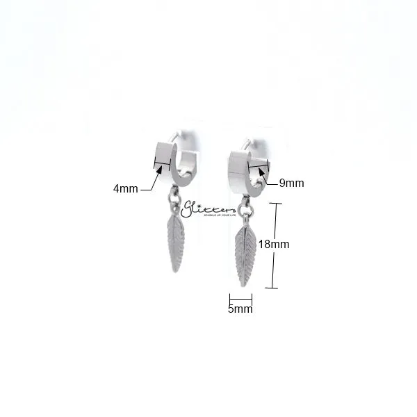 Stainless Steel Feather Drop Huggie Hoop Earrings