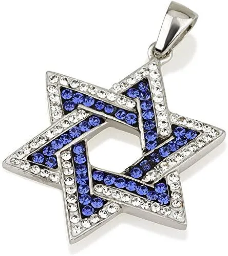 Star of David Pendant Blue and White Gemstones   Sterling Silver Necklace