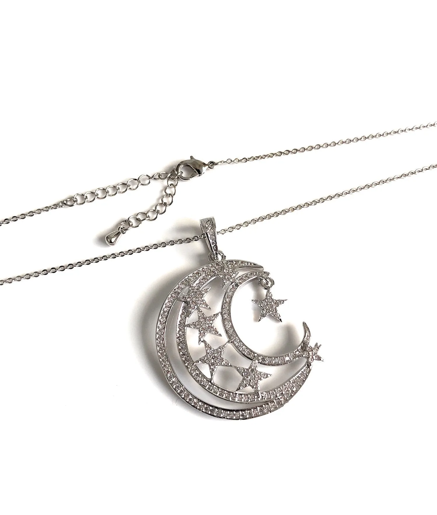 Stars Pendant Necklace, Silver Necklace, Crescent Moon Necklace, Silver Chain Necklace, Celestial Jewelry, Constellation Half Moon Charm