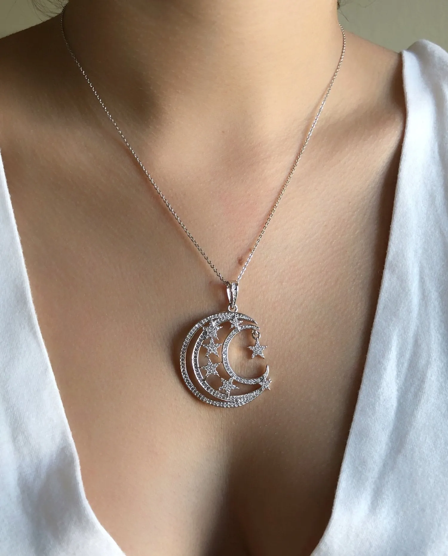 Stars Pendant Necklace, Silver Necklace, Crescent Moon Necklace, Silver Chain Necklace, Celestial Jewelry, Constellation Half Moon Charm