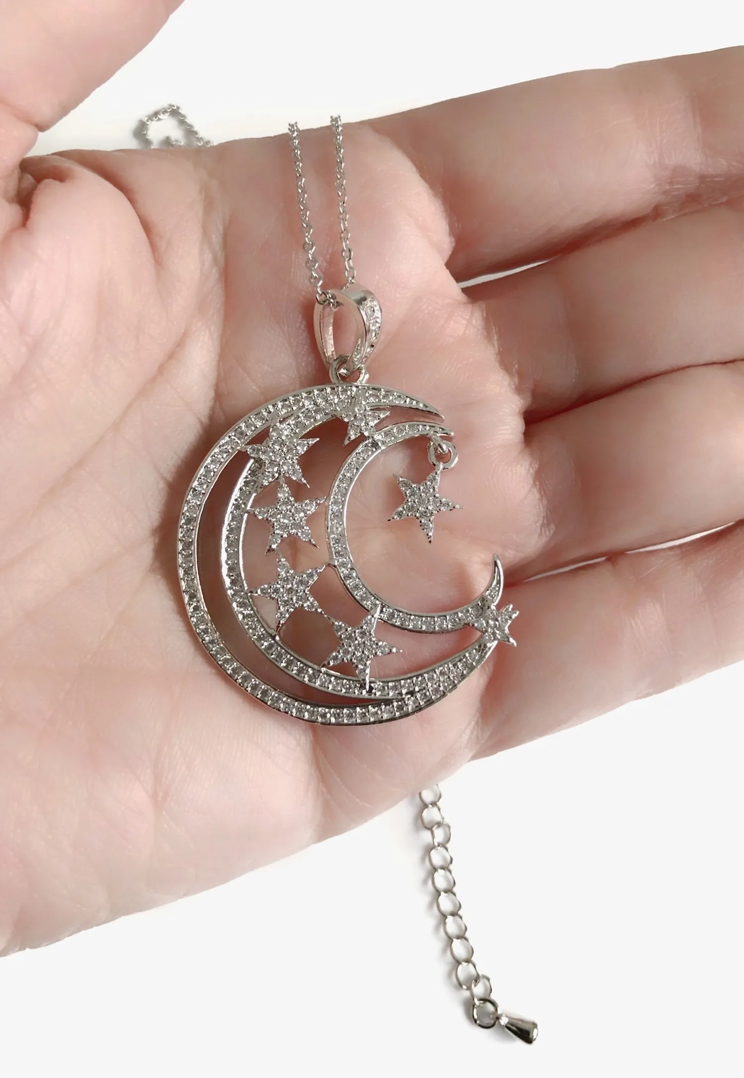 Stars Pendant Necklace, Silver Necklace, Crescent Moon Necklace, Silver Chain Necklace, Celestial Jewelry, Constellation Half Moon Charm