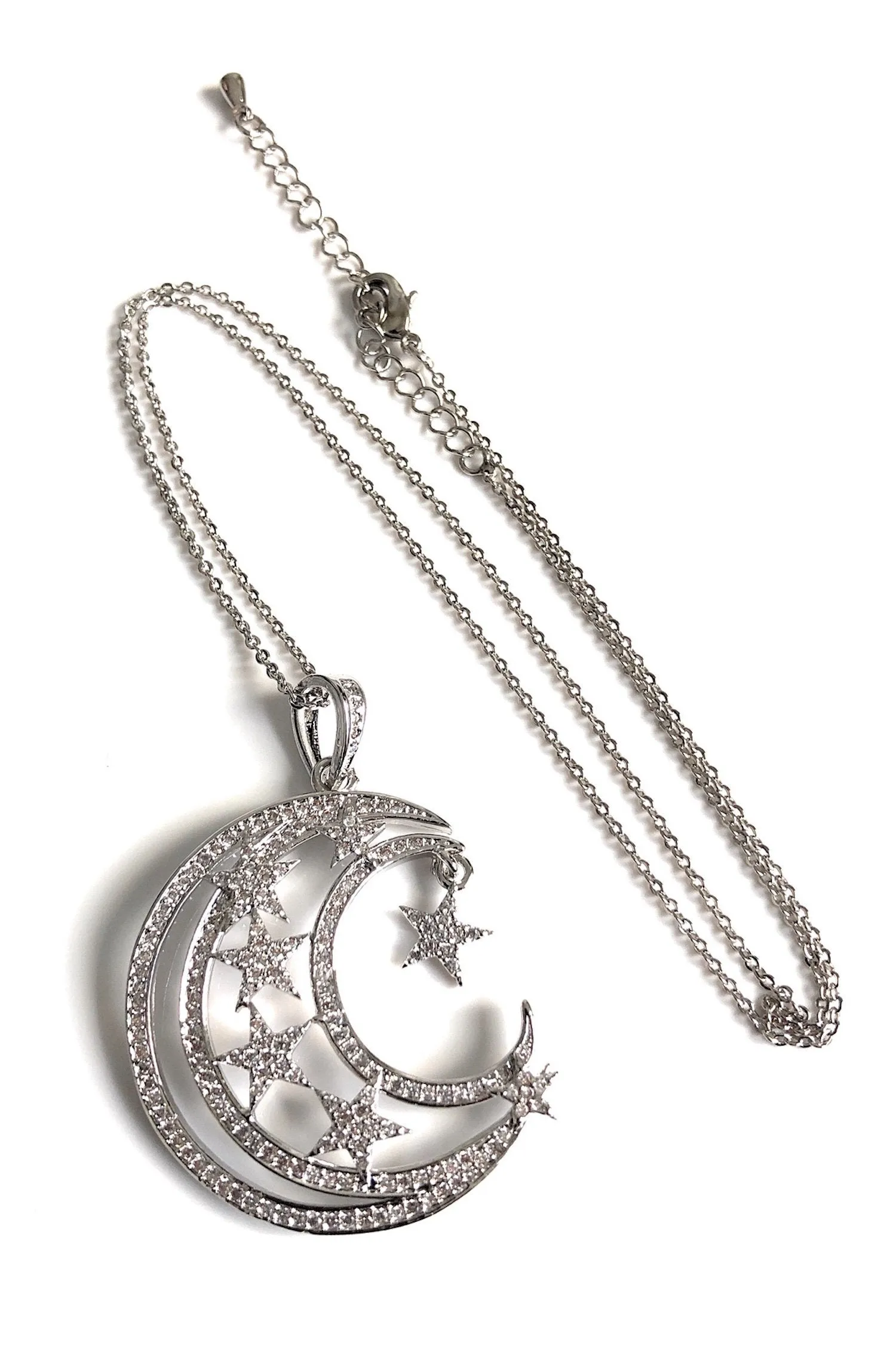 Stars Pendant Necklace, Silver Necklace, Crescent Moon Necklace, Silver Chain Necklace, Celestial Jewelry, Constellation Half Moon Charm