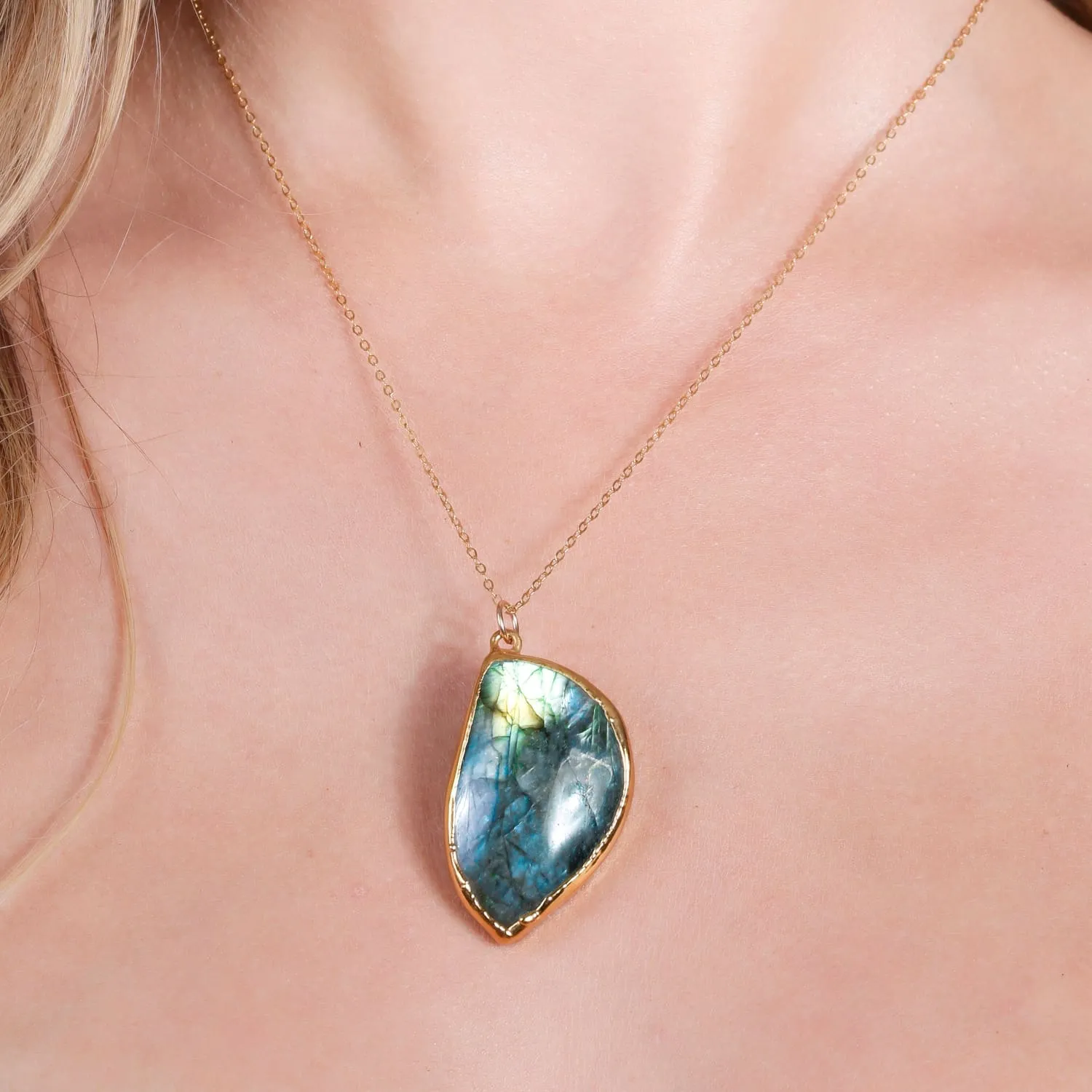 Statement Raw Labradorite Necklace, Raw Labradorite Pendant,