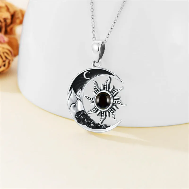 Sterling Silver Crescent Moon 100 Languages I Love YouNecklace for Women Girls Black Jewelry Gifts