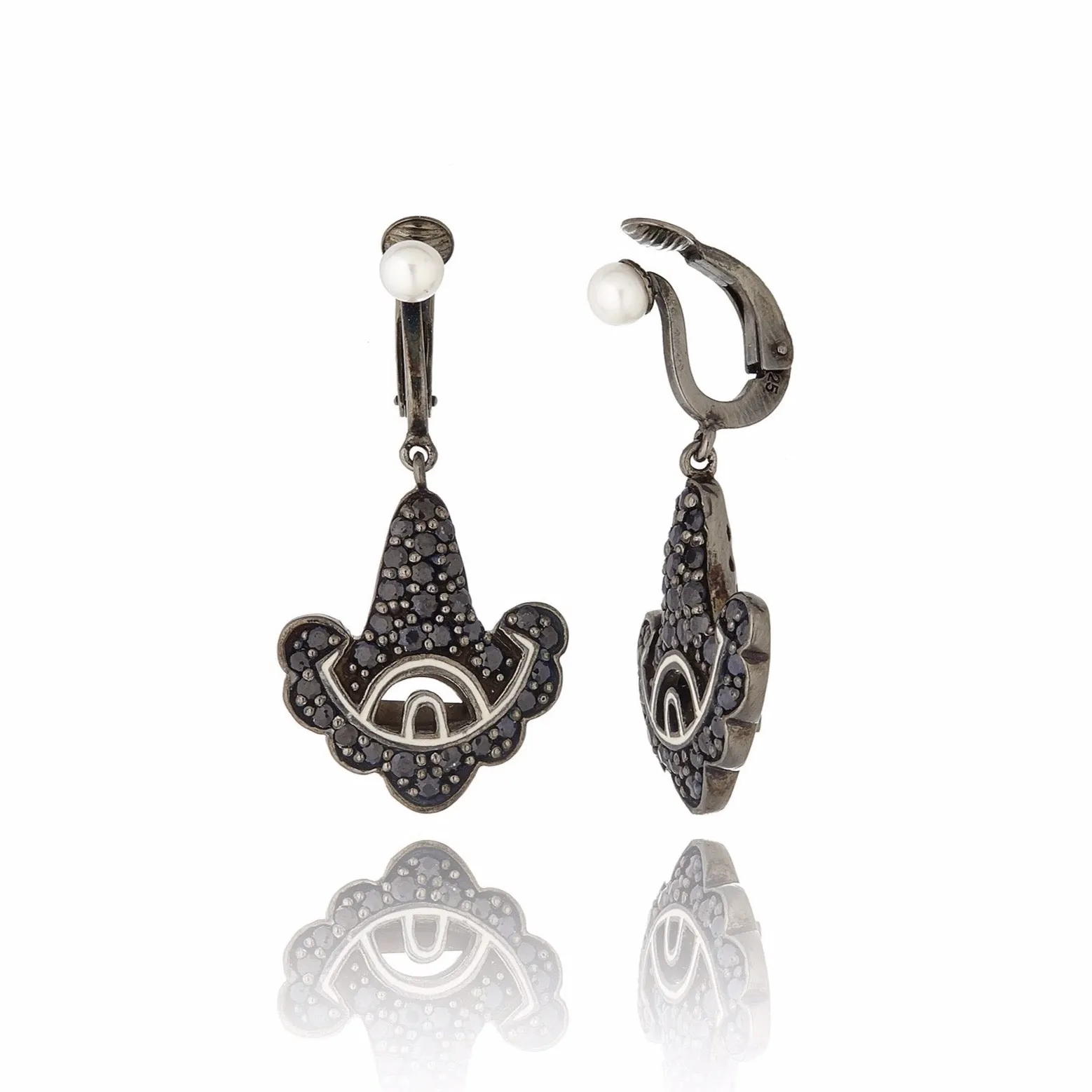 Sterling Silver Statement Earring Clips With White Enamel, Black Spinel & White Pearl