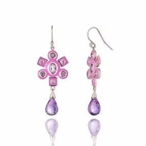 Sterling Silver Statement Earrings with Sweet Purple Enamel, Mixed Rose Sapphires & Amethyst Drops