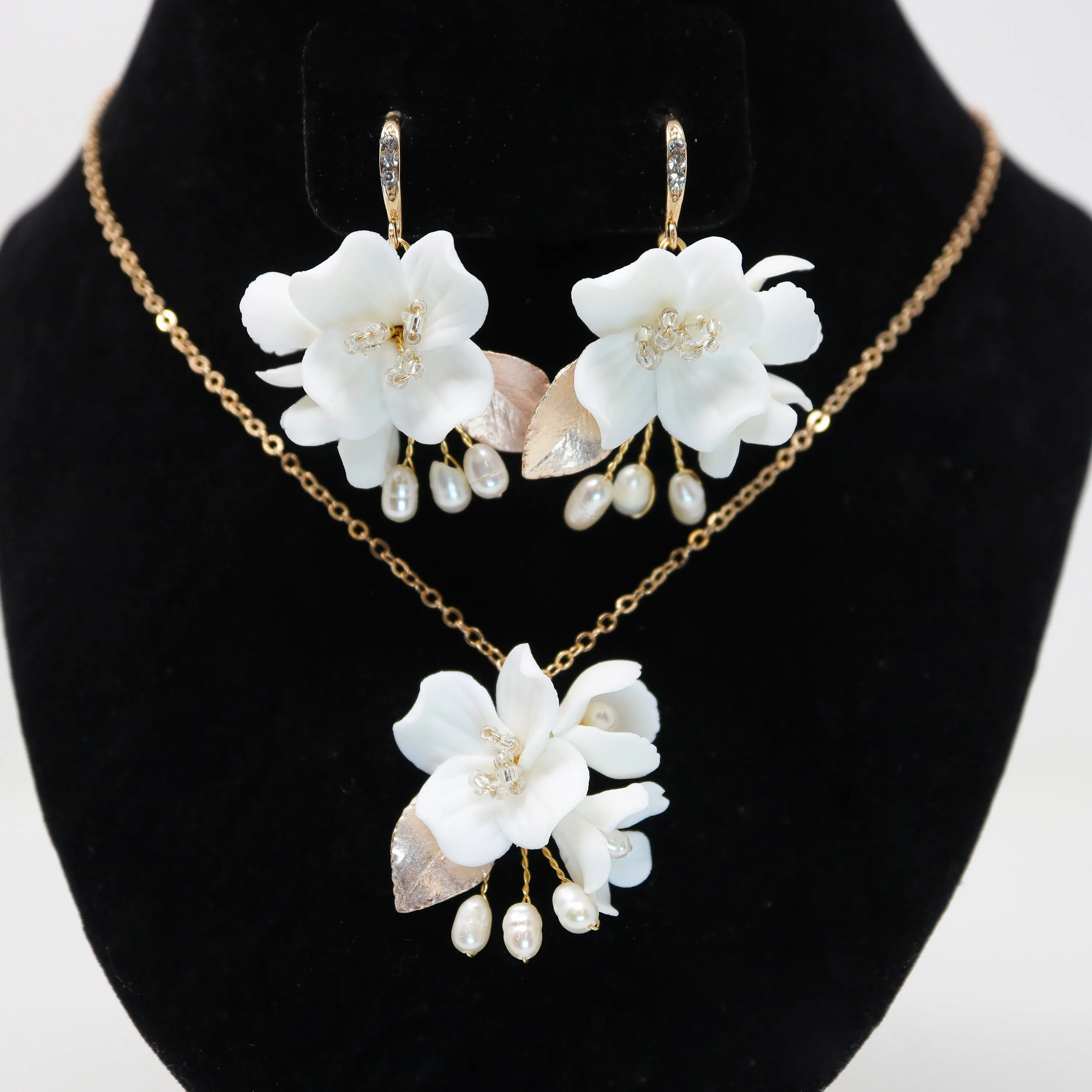 Swarovski Freshwater Gold White Flower Crystal Necklace set , Long Bridal Jewelry Crystal Necklace Bridal Earrings Statement Earrings