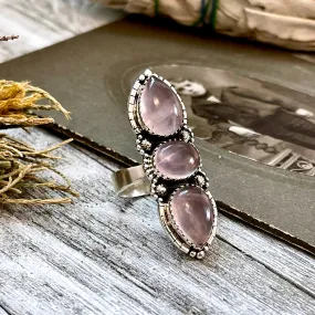 Three Stone Pink Rose Quartz Crystal Ring in Solid Sterling Silver- Designed by FOXLARK Collection Adjustable to Size 6 7 8 9