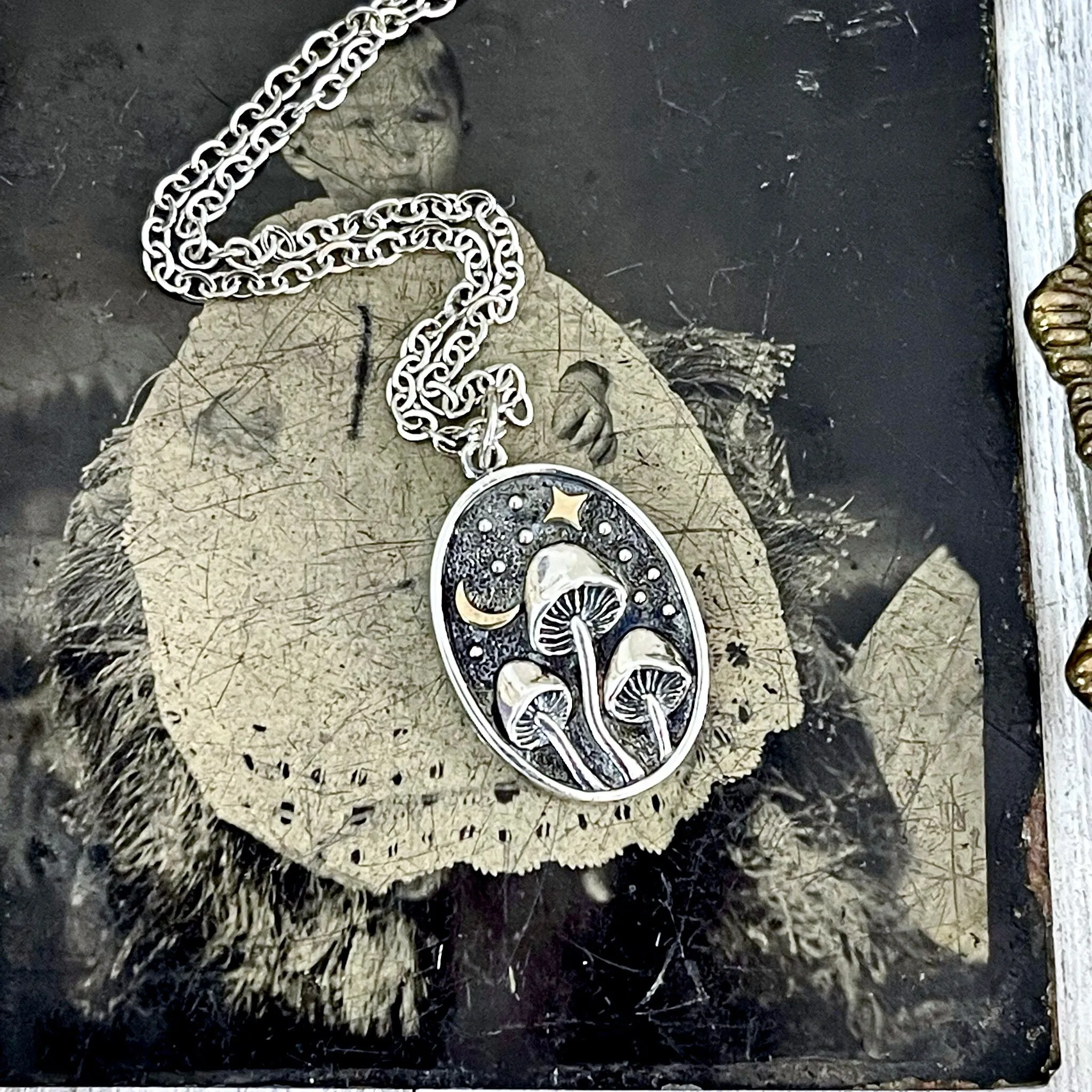 Tiny Talisman Collection - Silver Mushroom with Bronze Star and Moon Necklace 26x15mm  /