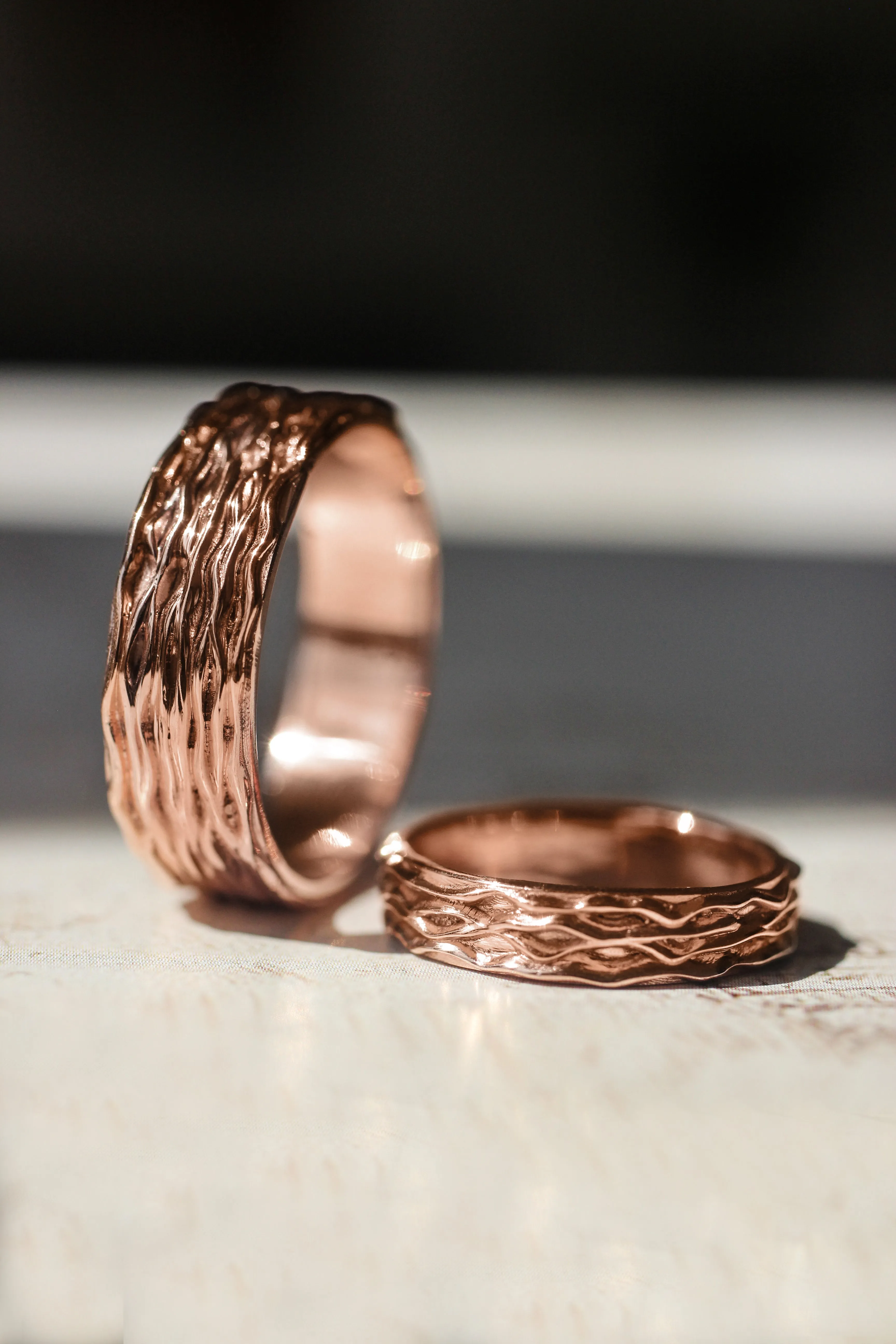 Wedding bands set for couple, waves rings