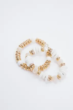 Wood Faceted Bead Bracelet Set, Ivory