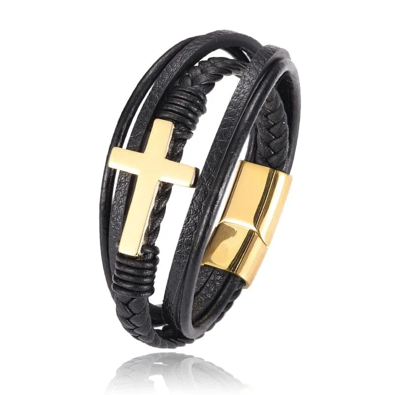 WWJD Black Cross Woven Leather With Stainless Steel Charm Bracelet