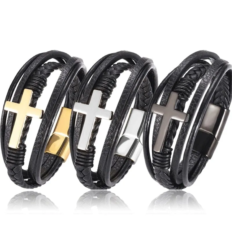 WWJD Black Cross Woven Leather With Stainless Steel Charm Bracelet