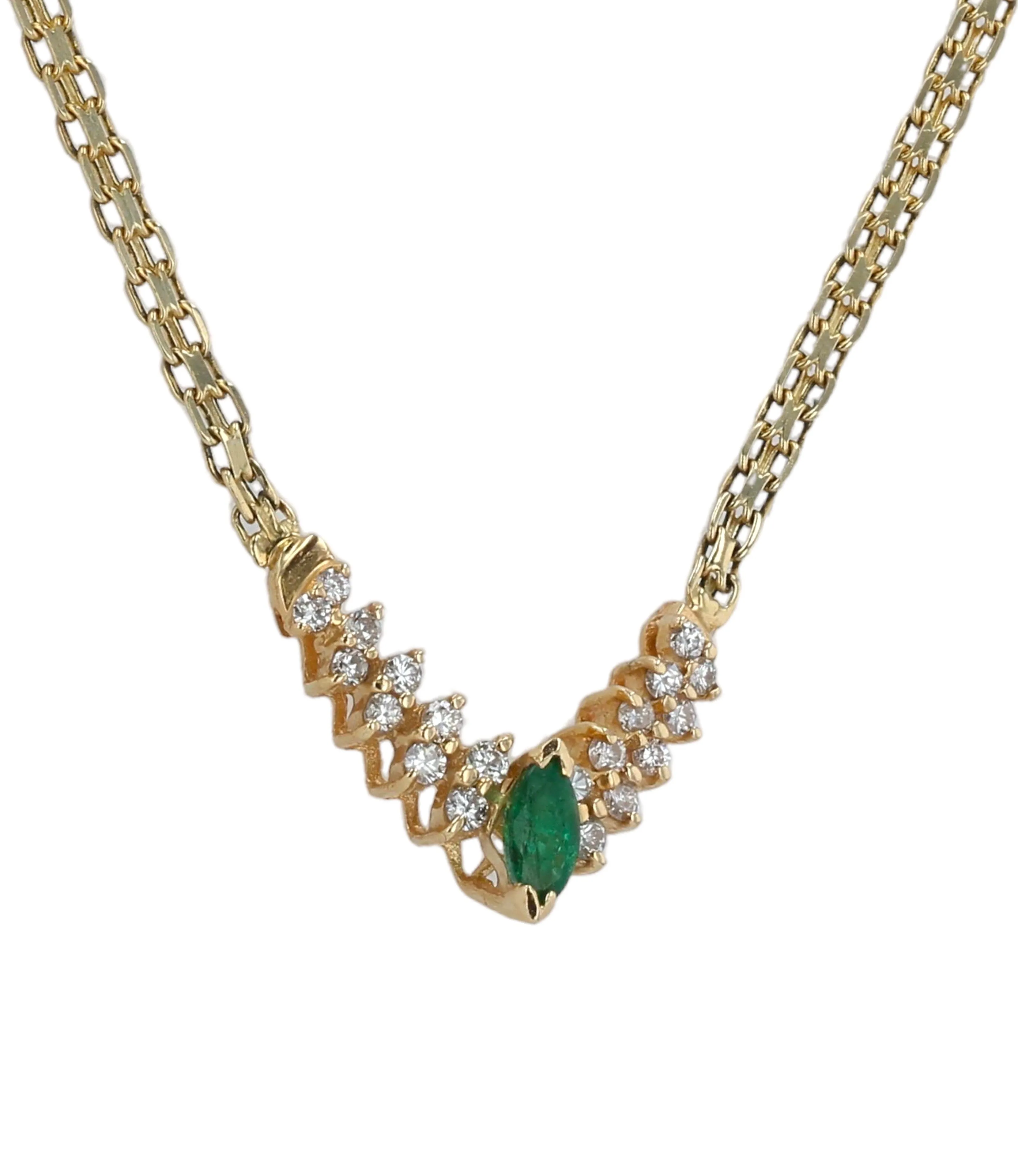 Yellow 14k gold V diamonds and emerald choker